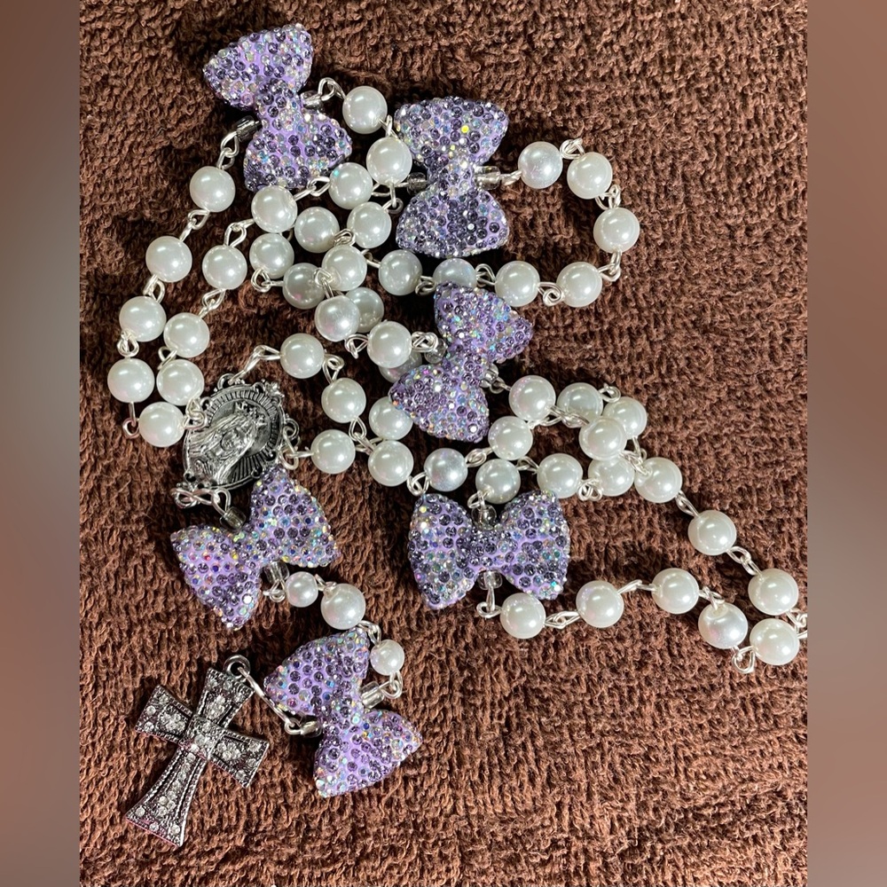 Elegant Purple Bow and Pearl Rosary